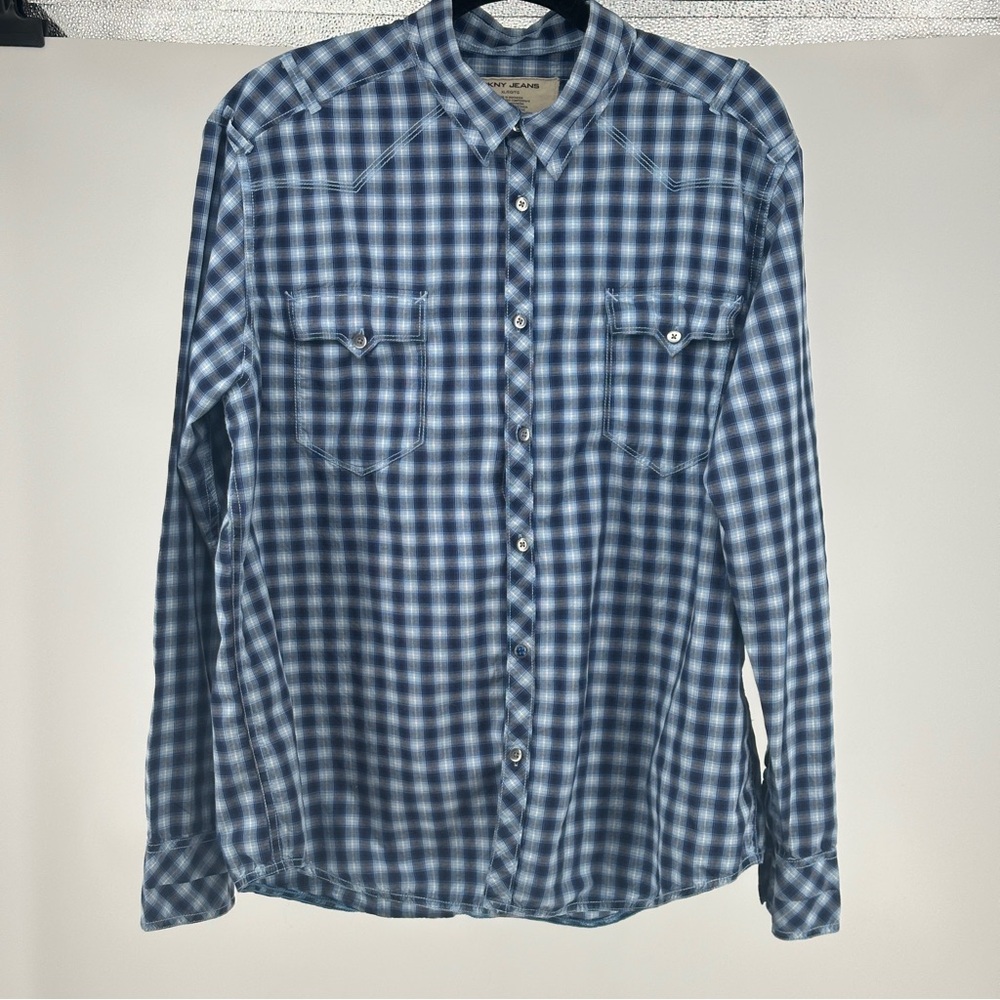 Men’s XL‎ DKNY Blue Plaid Western Shirt Pearl Snap 100% Cotton